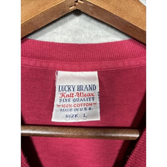 Lucky Brand Mens Sz L T-Shirt Tee Red  Made in USA Casual‎ Screen Print - Picture 4 of 4